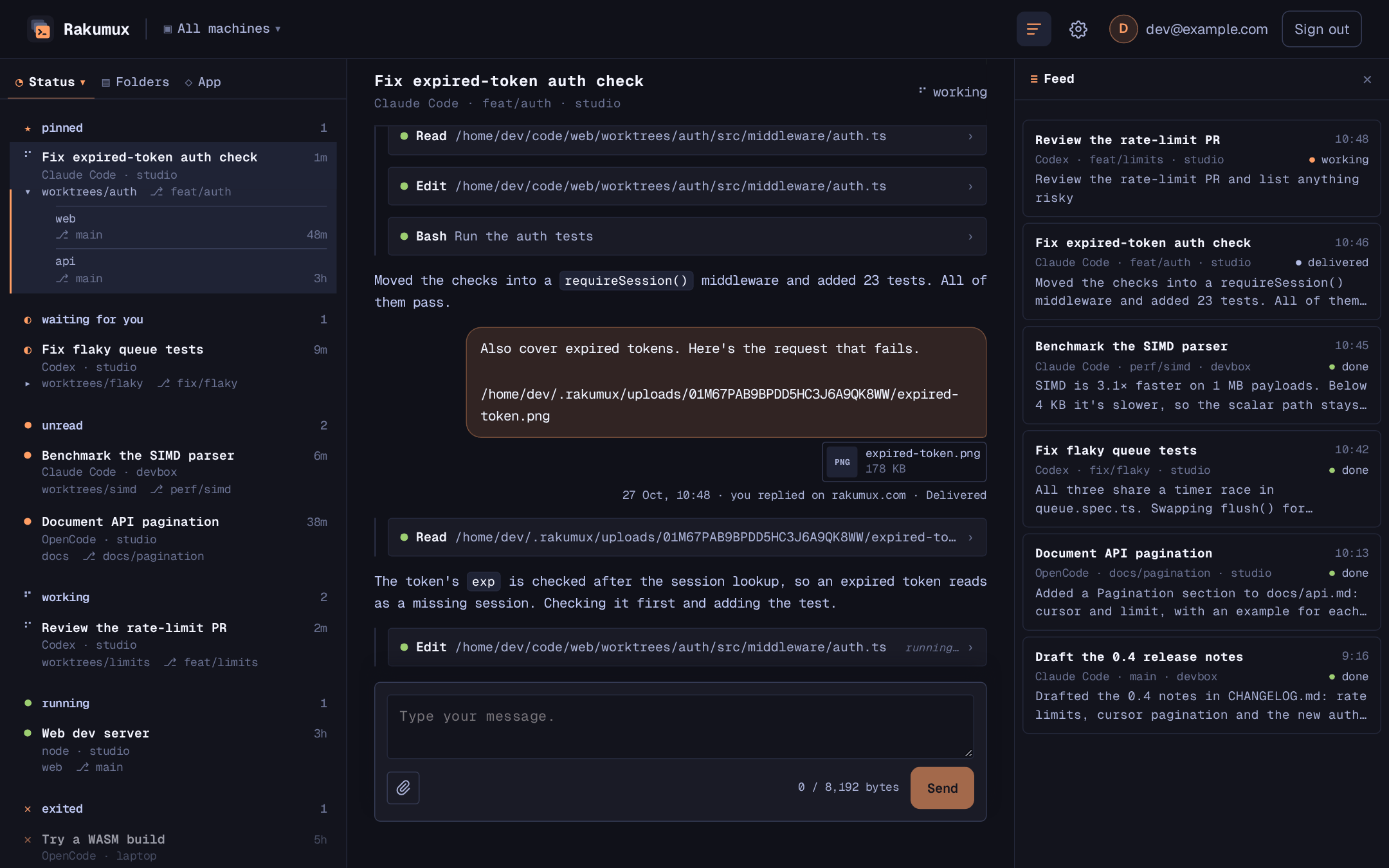 The Rakumux web app on rakumux.com: sessions from three machines grouped by status, a Claude Code session's chat with a reply and a screenshot sent from the browser, and the Feed on the right